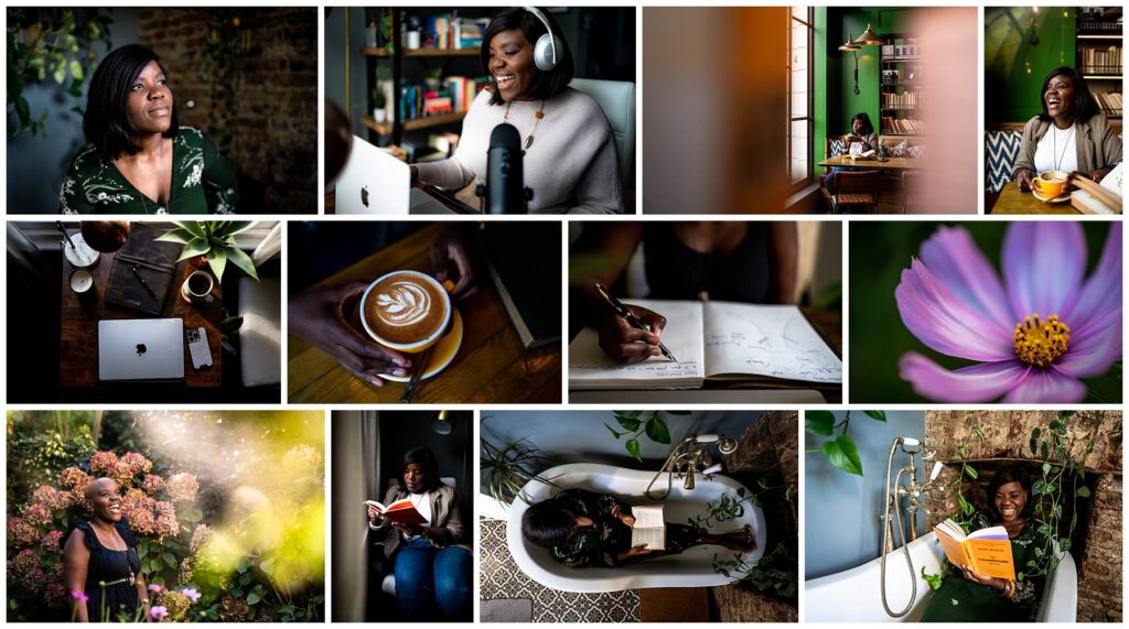 A collage of lifestyle photography & headshots for ablack female GP and coach in her home and a cafe.