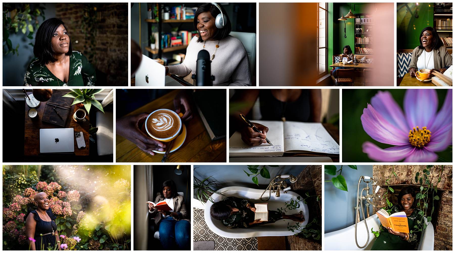 A collage of lifestyle photography & headshots for ablack female GP and coach in her home and a cafe.