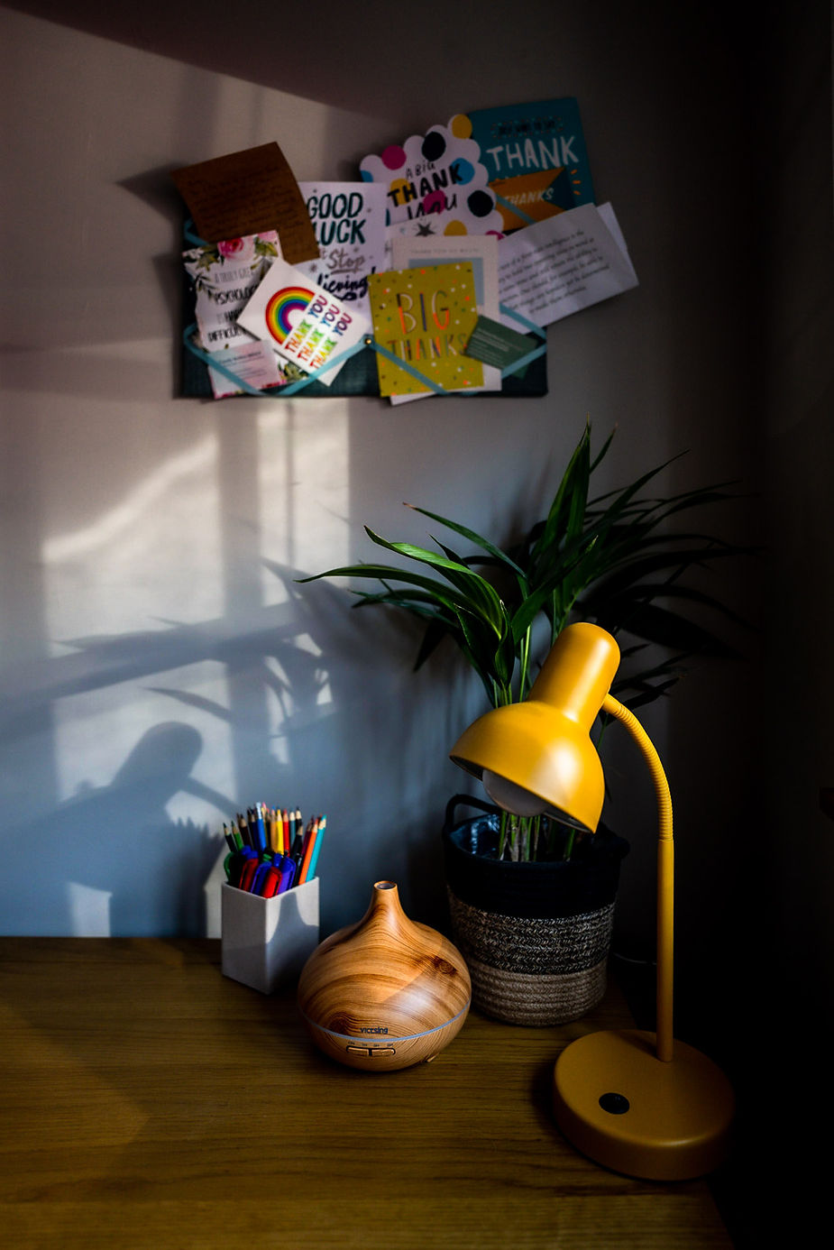 Desk with lamp, diffuser and plant, below a noticeboard.