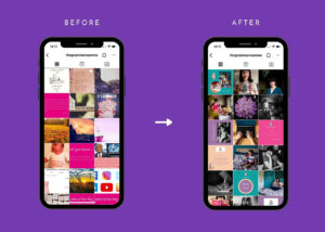 Before & After examples of The Grammar Mamma Instagram Feed on a purple background