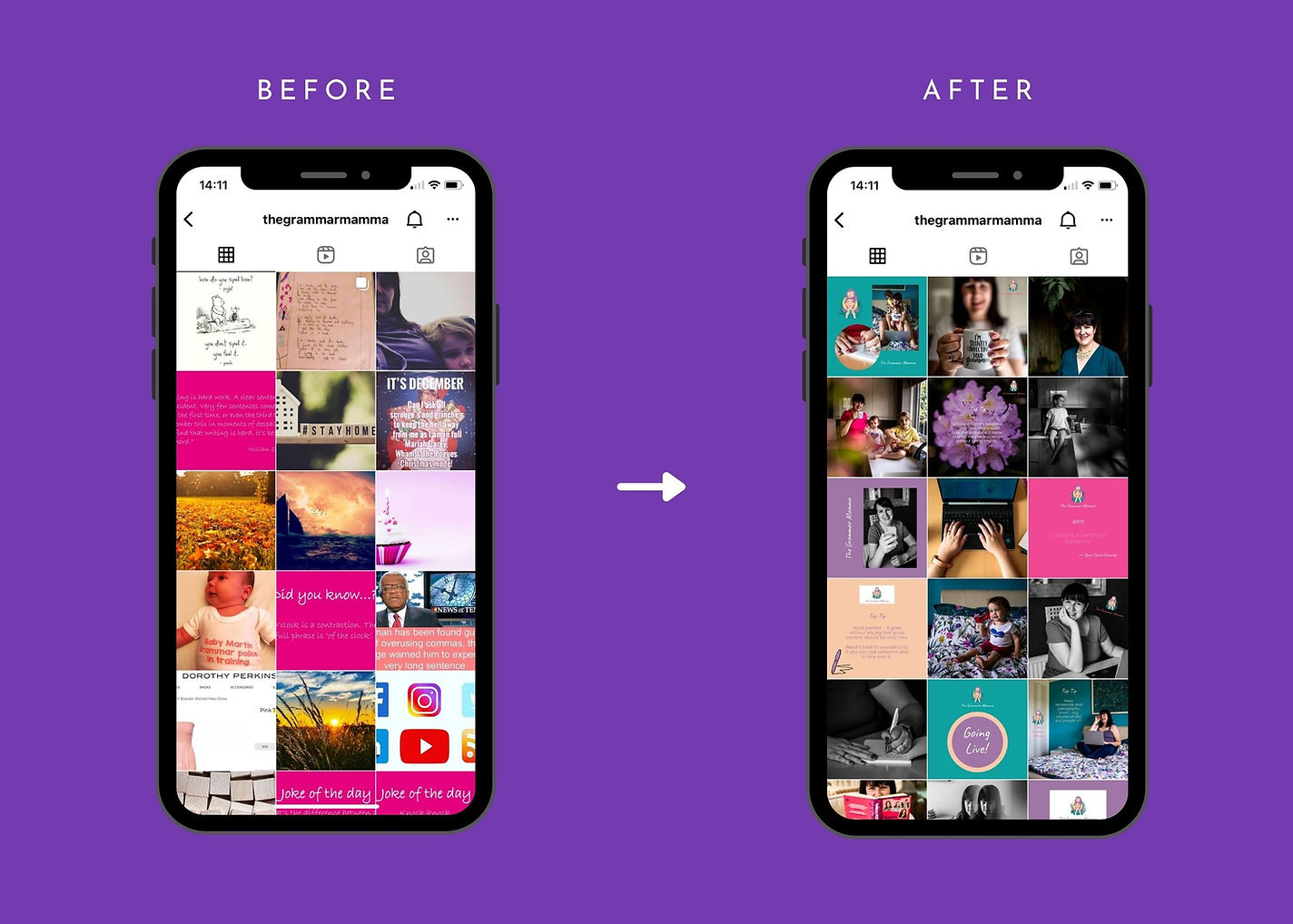 Before & After examples of The Grammar Mamma Instagram Feed on a purple background