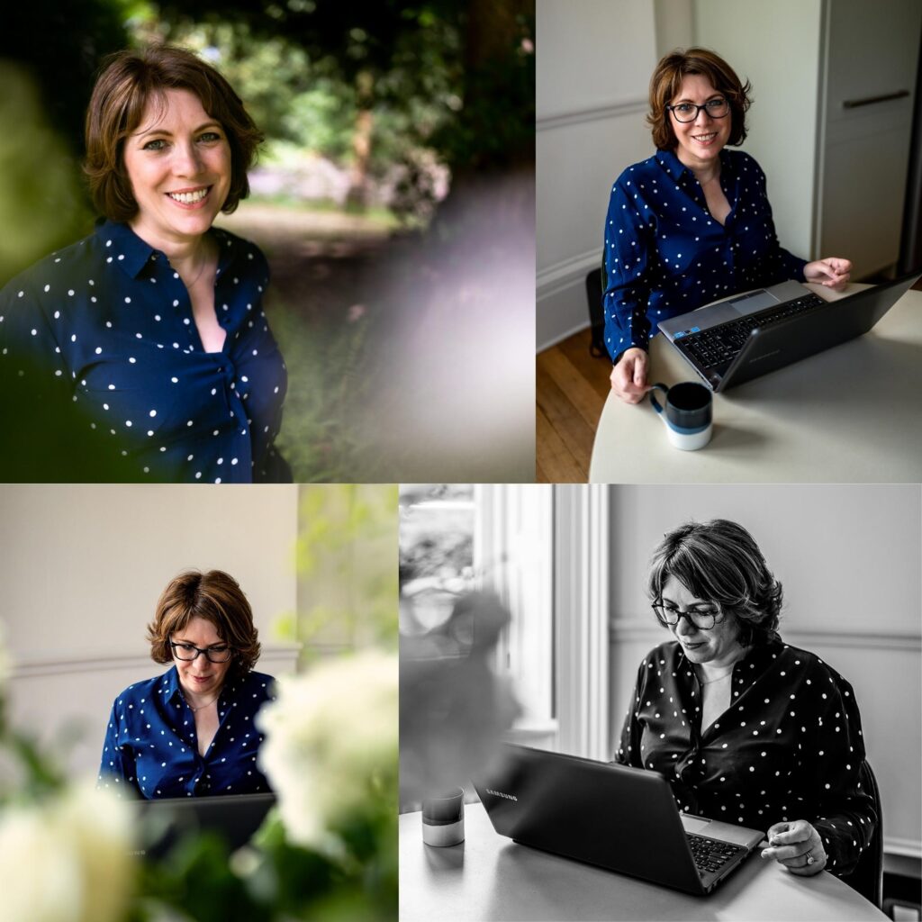Sample of four brand portraits of a white woman with short brown hair wearing a navy blue polka dot shirt and glasses. She is smiling and looks friendly yet professional, sometimes working on her laptop.