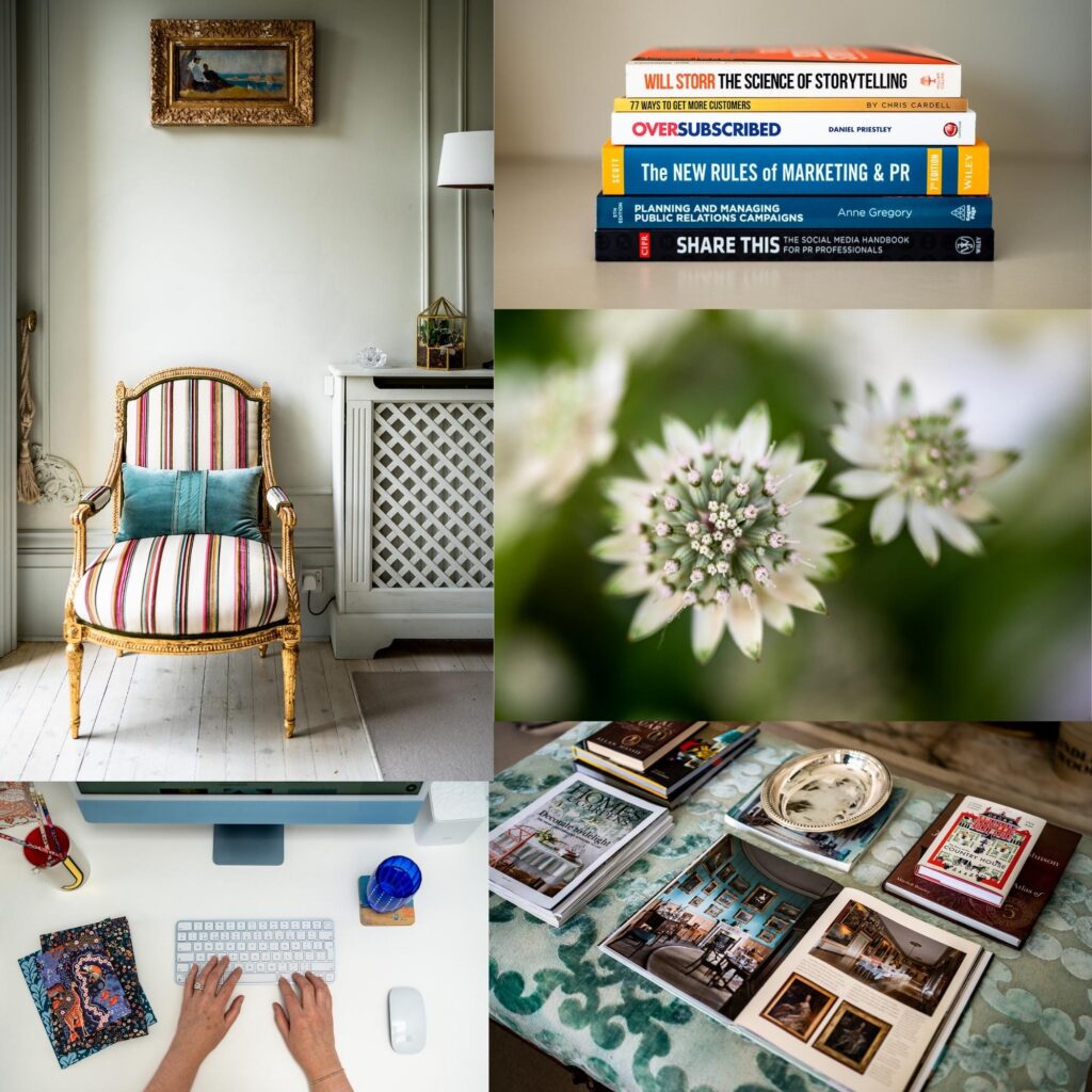 Details from a brand photoshoot showing props from hobbies like reading, interior design and upholstery.