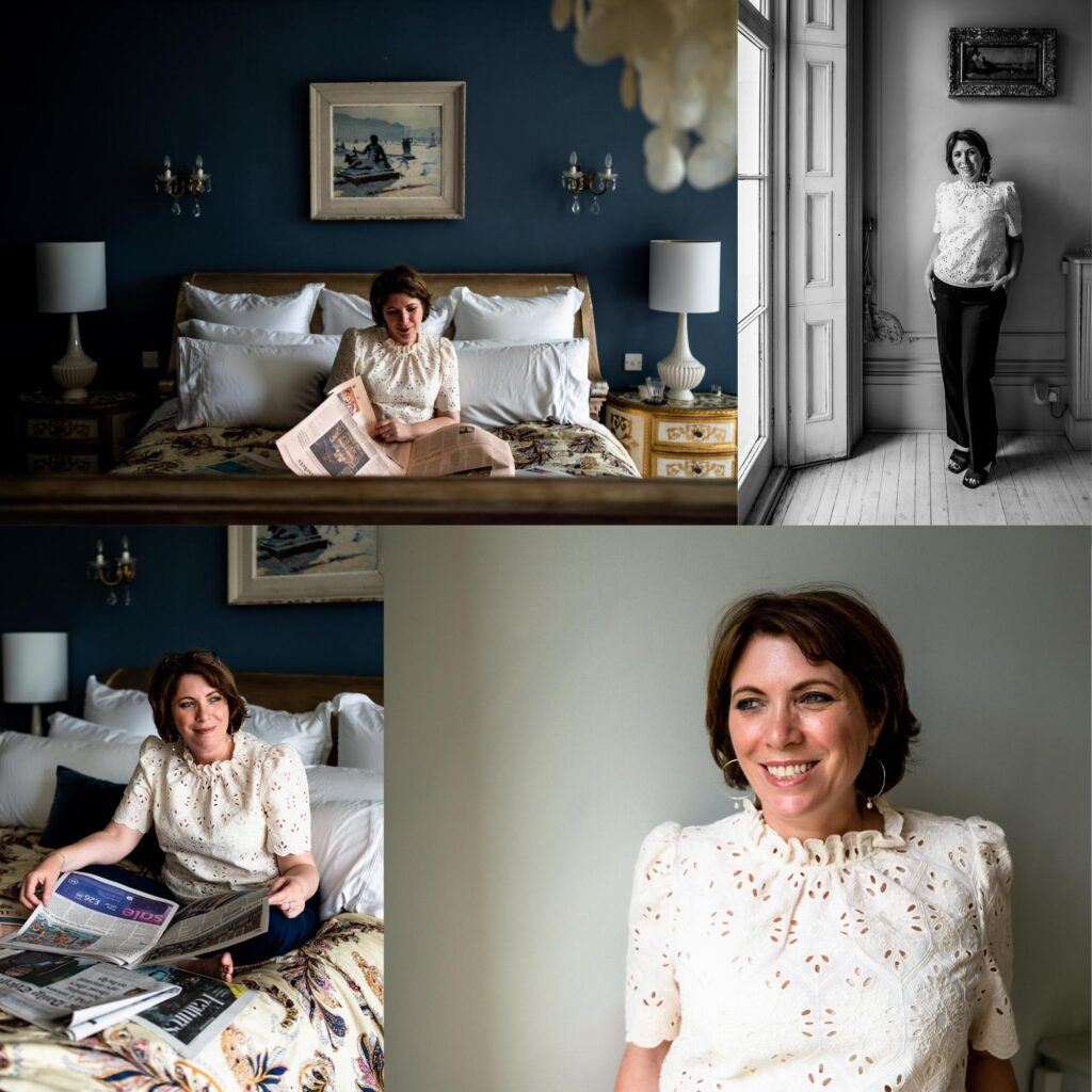 Sample of four brand portraits of a white woman with short brown hair wearing a cream broderie anglaise blouse. She is posing on an ornate bed with a navy blue wall as well as leaning against a pale wall. She is reading newspapers and looking relaxed but happy.