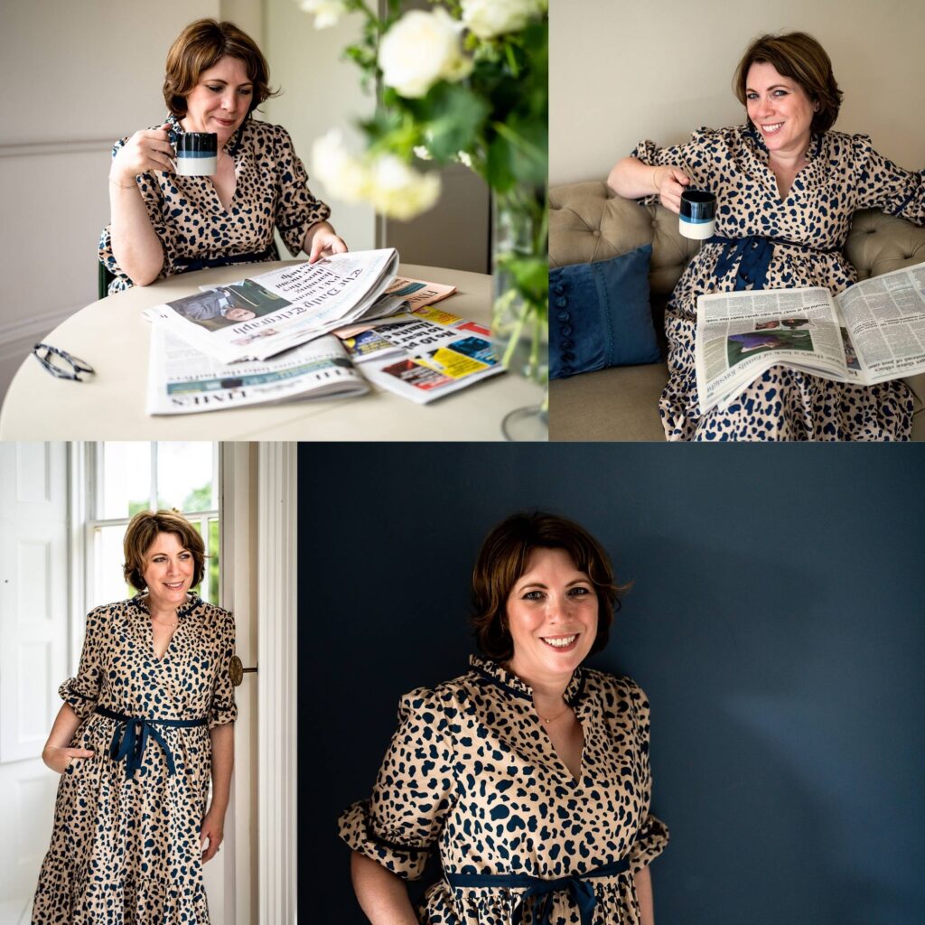 Sample of four brand portraits of a white woman with short brown hair wearing a beige and navy blue dress with a blue and cream mug. She is smiling and looks approachable and smart, reading newspapers.