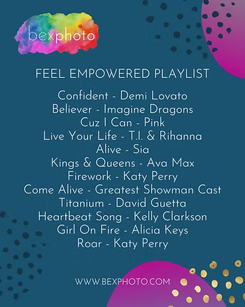 Graphic showing a list of songs to help women feel confident and empowered before their brand photoshoot