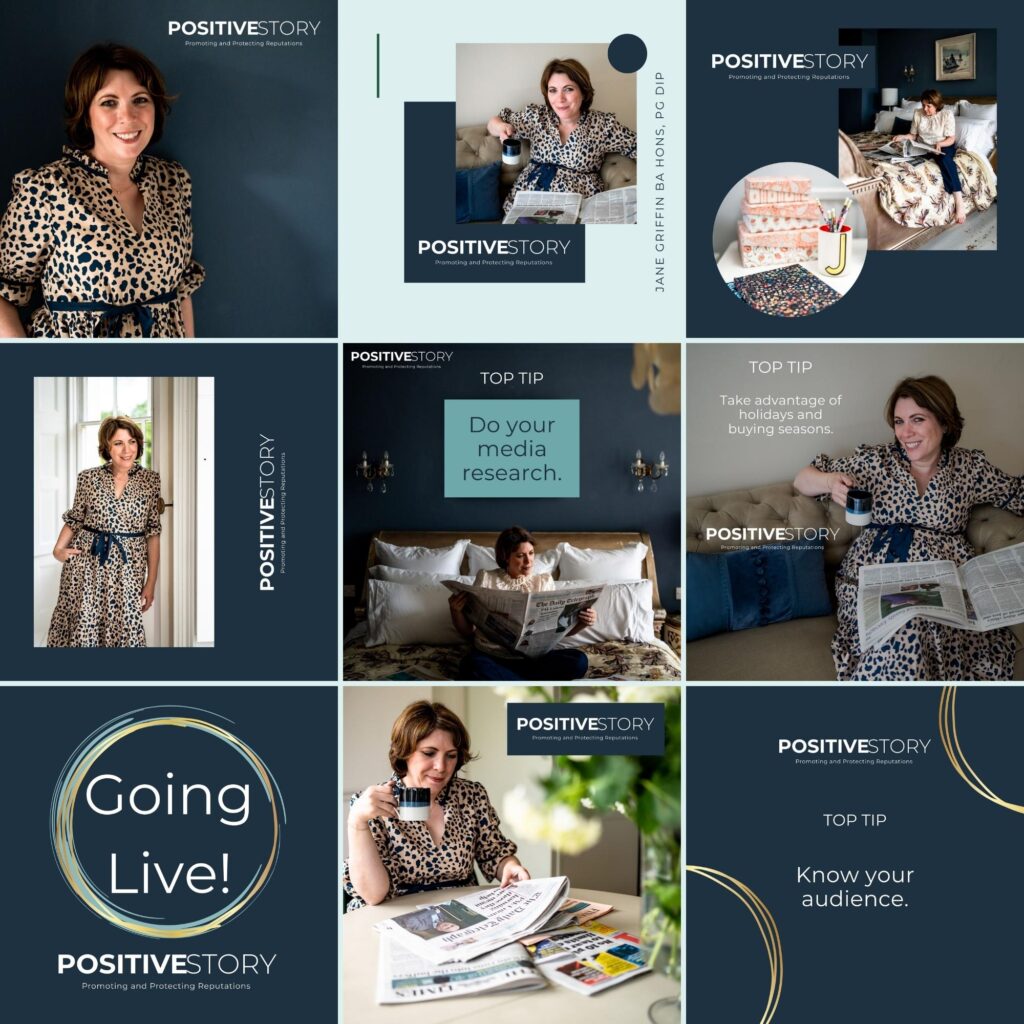 Selection of navy blue branding graphics featuring Jane Griffin of Positive Story PR Ltd, using her brand colours and values to give her a consistent image.