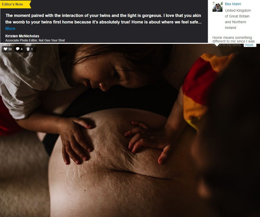 A National Geographic Your Shot Editor's Note above Bex's low-light self portrait of her twins resting their hands on her post-natal belly with stretch marks.