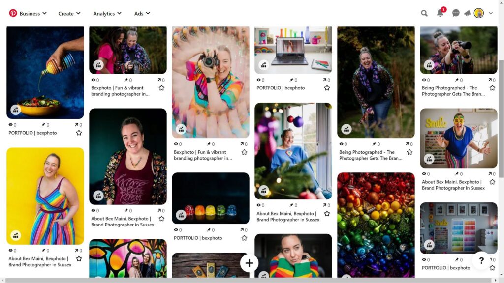 Screengrab of Bexphoto's Pinterest mood board showing fun, joyful and colourful photos including lots of Headshots of Bex Maini
