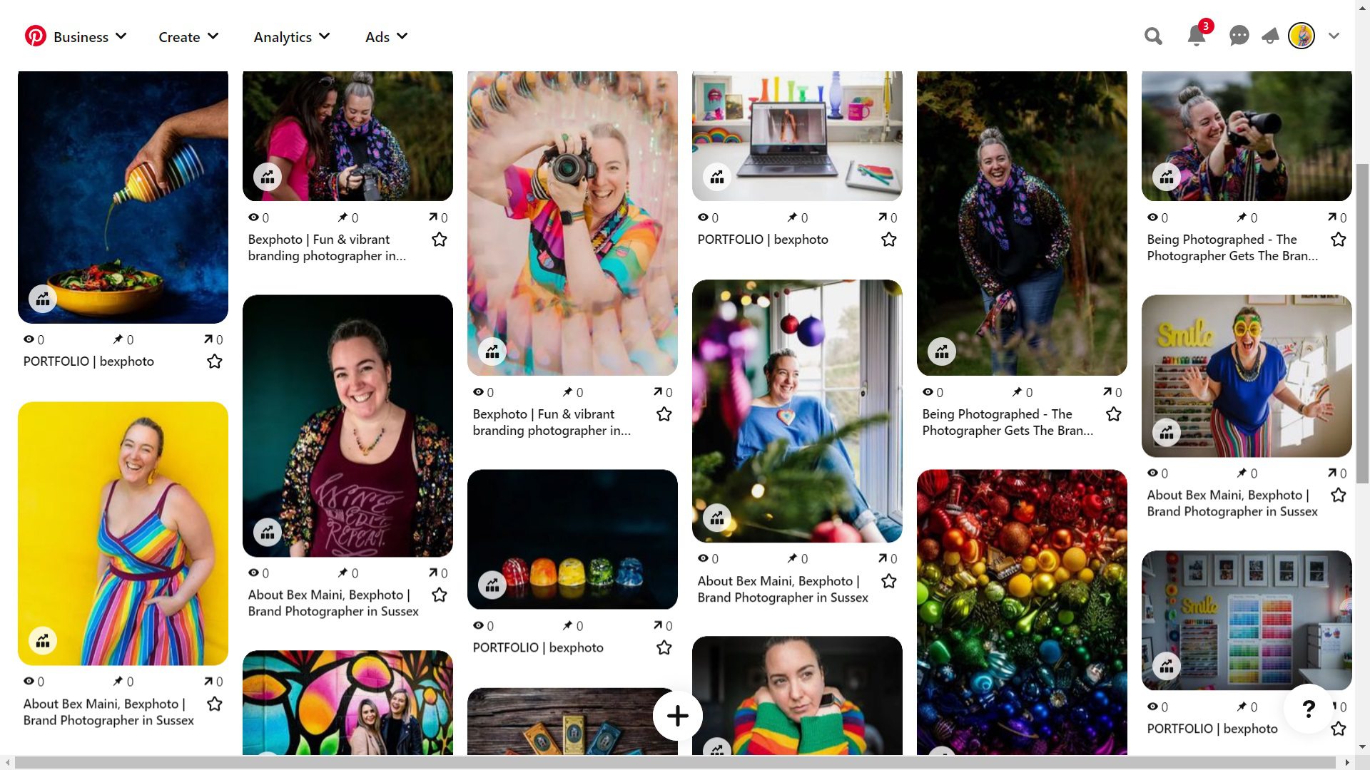 Screengrab of Bexphoto's Pinterest mood board showing fun, joyful and colourful photos