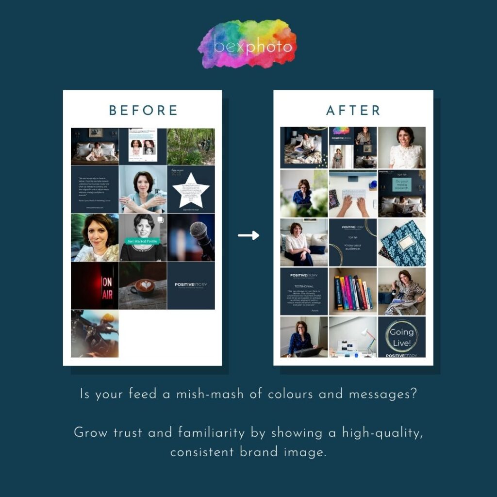 Graphic showing Instagram feed examples Before & After Positive Story PR's branding photoshoot with Bexphoto. After looks more polished, professional and on-brand.