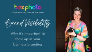 TW Town Hall Guest Speaker Presentation Cover showing a photo of Bex with her camera and the "Brand Visibility" title