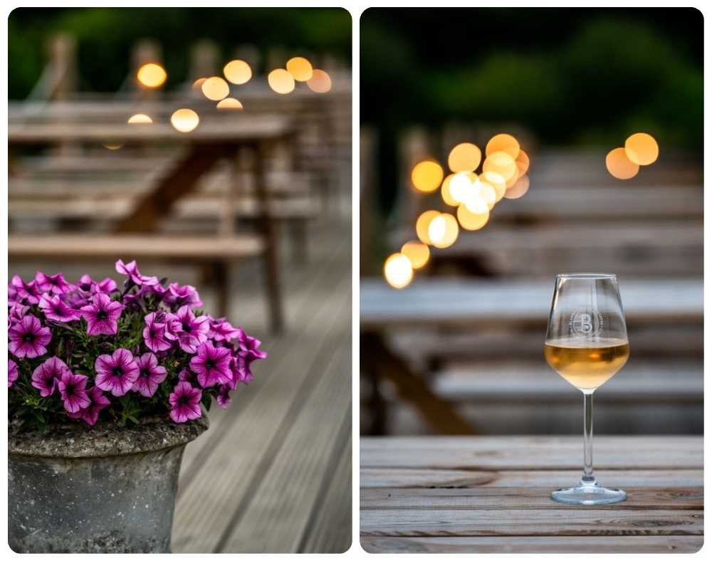 Two photos side by side. Bright purple petunias in a stone planter beside wooden picnic benches, and a glass of white wine on a wooden table, both with glowing fairy lights in the background.
