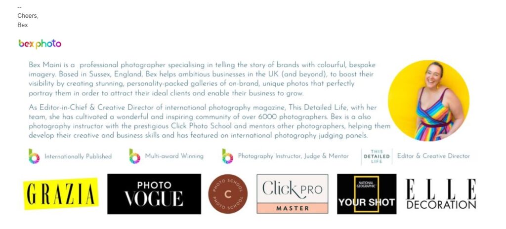 Bex Maini's Email Signature Footer screenshot