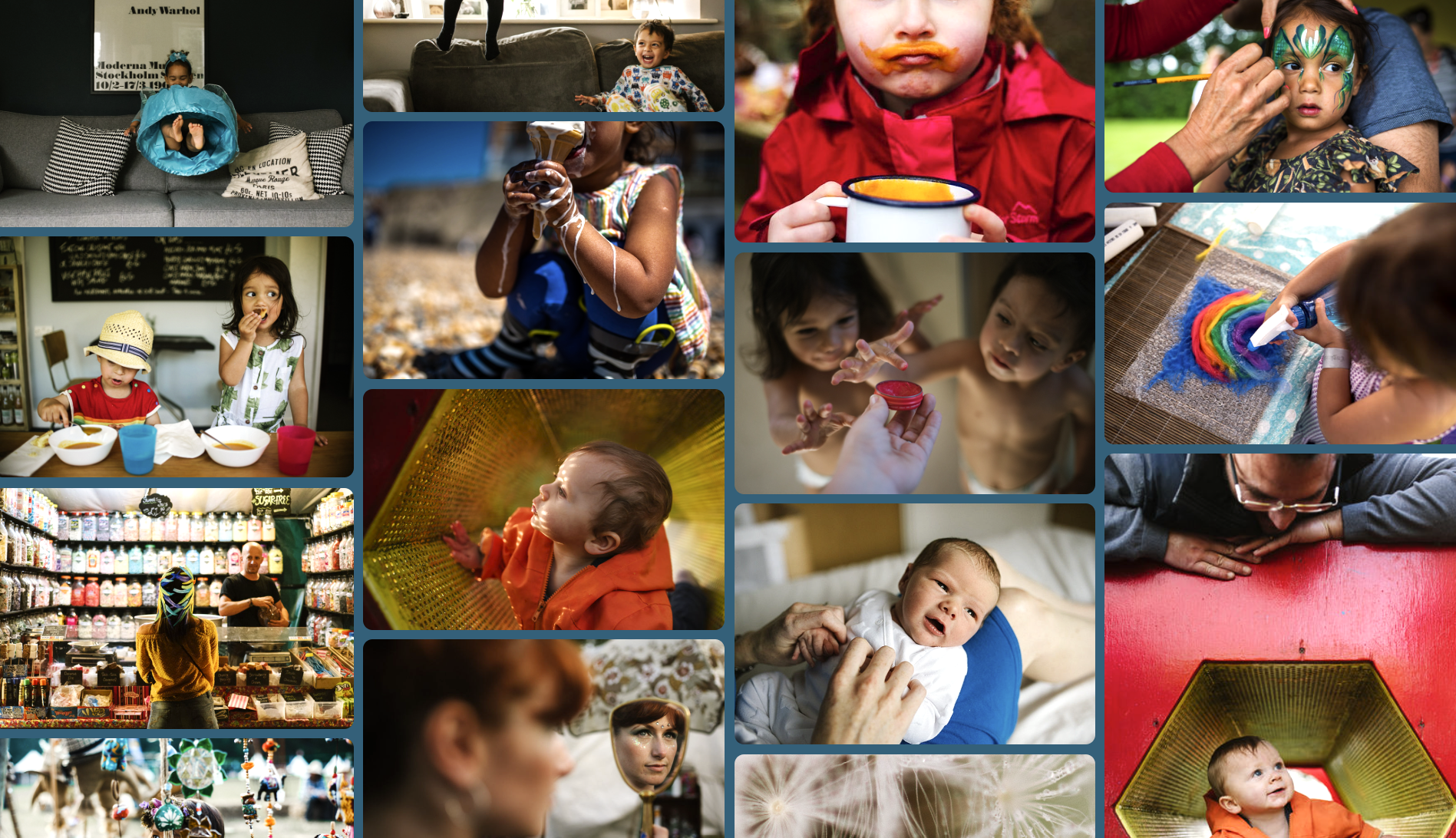 A grid collage of colourful documentary family photos - children playing, eating and painting, and a newborn baby.