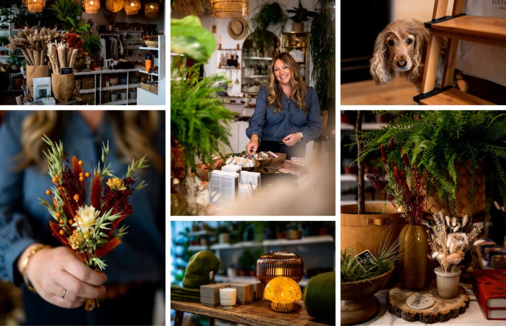 A collage of six autumn photos from From Victoria in Lewes: a white woman with long blonde hair in a denim shirt smiling among ferns, a posy of dried autumn flowers, a cocker spaniel peeking round a ladder, dried grasses under glowing lanterns and an amber lamp.