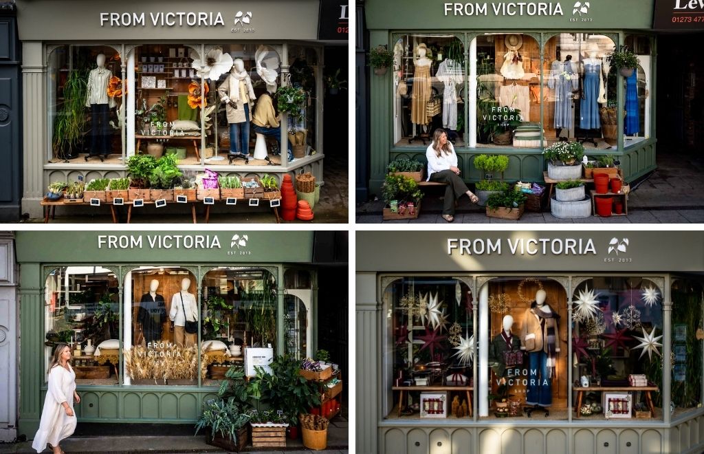 Four photos of the green-fronted From Victoria shop through the seasons: spring with giant paper flowers in the window, summer with Victoria, a white woman with long blonde hair, laughing on a bench outside, autumn with dried grasses in the window as she walks past in a white dress, and winter with large paper stars and festive decorations.