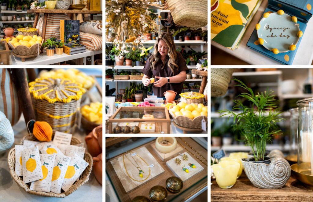 A collage of six summer photos from From Victoria in Lewes: a white woman with long blonde hair holding up a lemon behind her shop counter, a basket of lemons, lemon print sachets, a plate reading Squeeze the day, gold jewellery with lemon earrings and a palm in a shell pot.