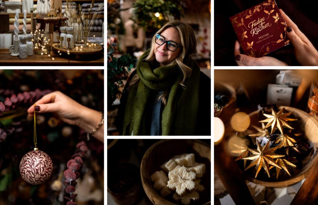 A collage of six winter photos from From Victoria in Lewes: a white woman with long blonde hair and glasses wrapped in a green scarf, candles and fairy lights, a hand holding a burgundy bauble, a red festive gift box, snowflake biscuits and gold paper stars.