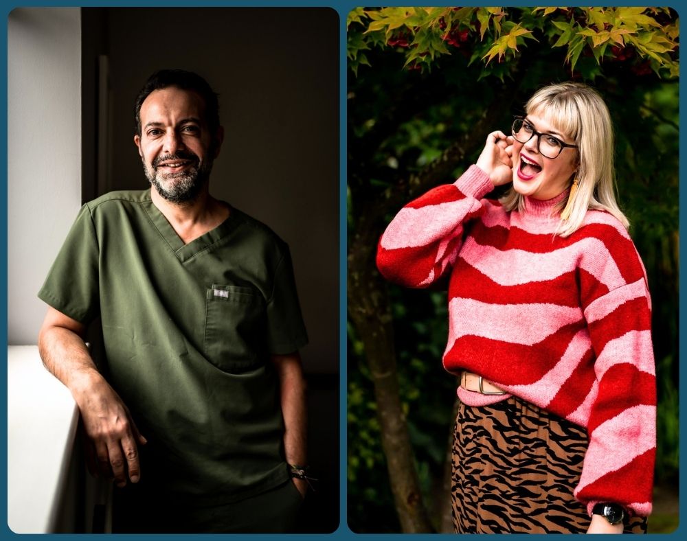 Two business headshots side by side: a smiling Turkish man with dark hair and a greying beard in green scrubs leaning on a window ledge, and a laughing woman with a blonde bob and glasses in a red and pink striped jumper under autumn leaves