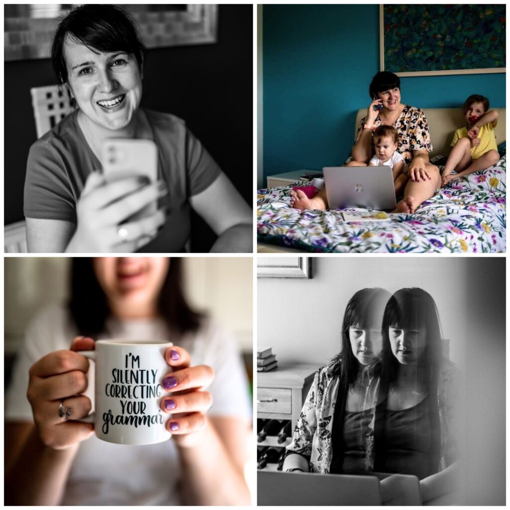 A collage of four photos of Jo Martin, The Grammar Mamma, a white woman with dark hair - laughing while holding up her phone in black and white; working on a laptop on a floral bed while on the phone, with two young children beside her; holding a mug that says “I’m silently correcting your grammar”; and a black and white double-exposure of her focused on her laptop.