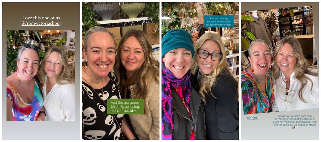 Four Instagram Stories of selfies of Bex, a white woman with grey hair, and Victoria, a white woman with long blonde hair, in Victoria’s plant-filled shop across different seasons. Bex wears bright, colourful outfits, while Victoria wears neutral tones. Each Story has a caption tagging @fromvictoriashop, including ‘Love this one of us’, ‘Another amazing photoshoot complete’ and ‘I love how much this photo shows we’re not the same but we get each other!’